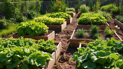 Lush vegetable garden beds under sunlight, representing community gardening and sustainability.
