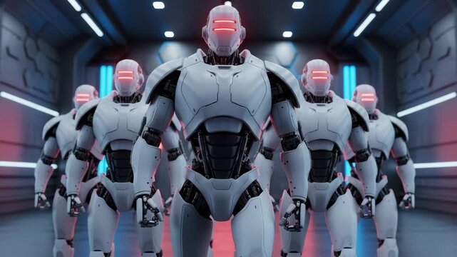 A group of futuristic robot soldiers standing in a corridor with red lights