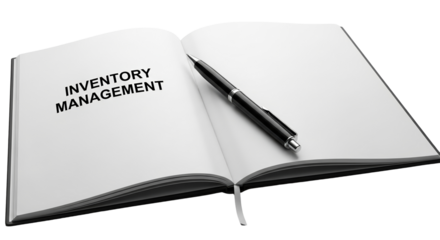 Open notebook with 'Inventory Management' text and black pen isolated on a transparent background 