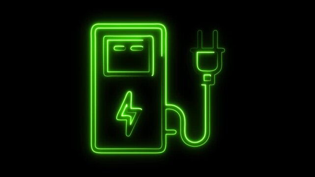 Futuristic electric vehicle charging station with glowing green neon energy symbol and plug