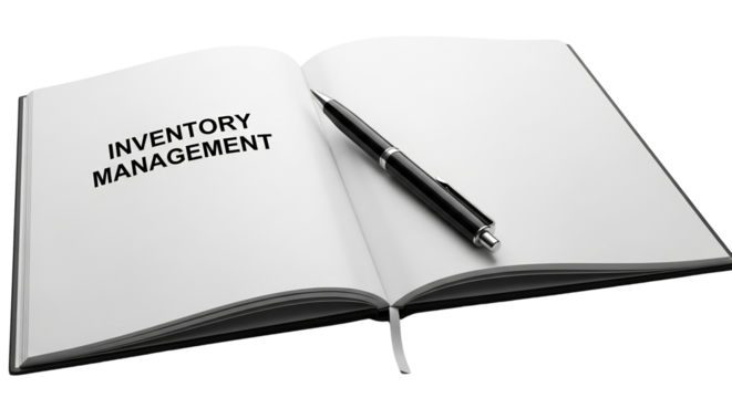 Open notebook with 'Inventory Management' text and black pen isolated on a transparent background 