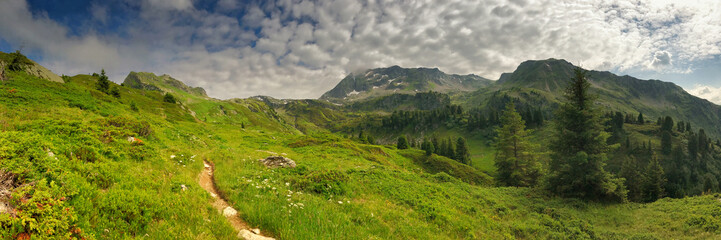 Panoramic view of lush green valley with distant mountainous background