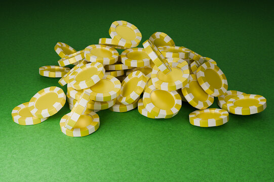 Yellow and white poker chips stacked in a neat pile