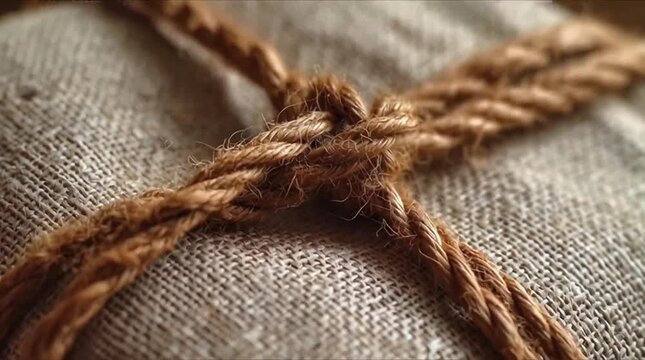 Extreme Close-up of Hairy Jute Rope Knot on Rough Burlap Fabric (AI Generated)