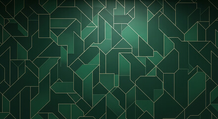 Elegant geometric pattern in deep emerald green with subtle gold lines creates a sophisticated, modern backdrop for luxurious branding or interior design.