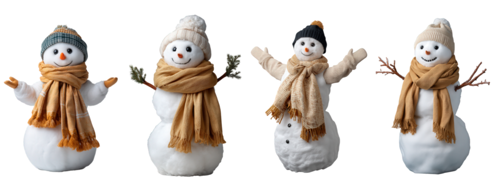 A delightful set of four charming snowmen, each adorned with warm scarves and classic carrot noses, capturing the joyful essence of winter holidays