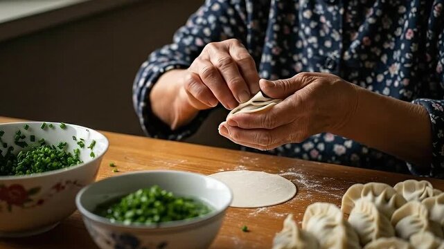 Close Up Of Elderly Hands Skillfully Pinching Dough Edges to Make Jiaozi Dumplings on Wooden Table with Chives and Ingredients in Bowls in Kitchen at Home Food Preparation 190c