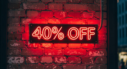Eye-catching neon '40% OFF' sign glows brightly on a rustic brick wall, creating urgent appeal for flash sales and promotions