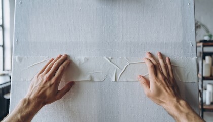 Hands applying white tape to a white canvas surface in studio setting.