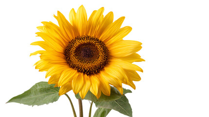 Fototapeta premium Bright yellow sunflower with leaves and stem on transparent background for design elements