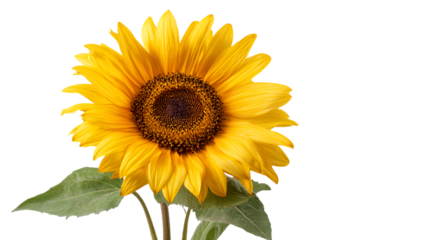 Bright yellow sunflower with leaves and stem on transparent background for design elements