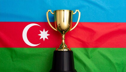 Gold trophy placed in front of Azerbaijan flag
