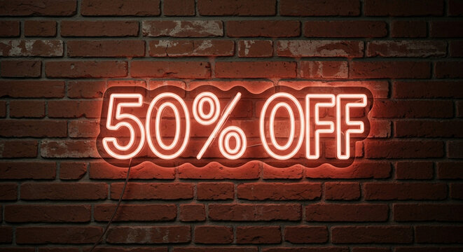 Grab incredible savings with this vibrant 50% OFF neon sign glowing against a rustic brick wall, perfect for attracting customers and boosting sales instantly!