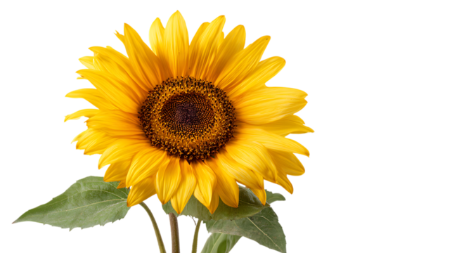 Bright yellow sunflower with leaves and stem on transparent background for design elements