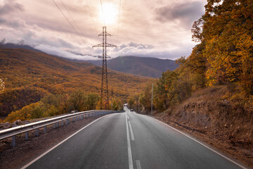 Autumn road in the forest, against the background of an autumn forest, trees with autumn leaves
