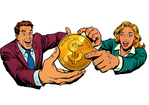 Excited couple celebrates financial success with gold dollar coin - Powered by Adobe