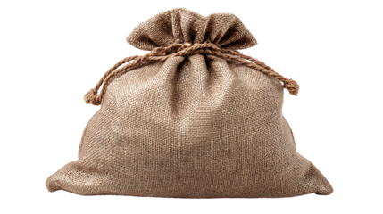 Brown burlap sack tied with twine on transparent background for merchandise packaging mockup