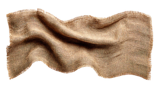 Brown burlap fabric texture with frayed edges and folds on transparent background