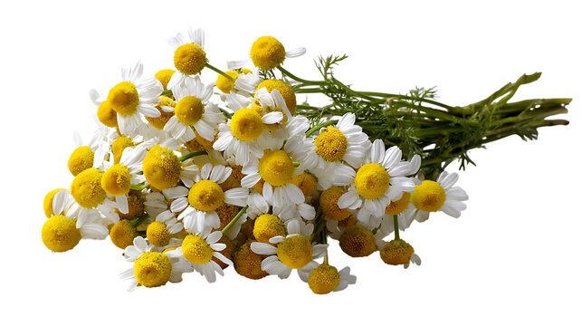 Bunch of feverfew daisies with yellow centers and white petals on transparent background
