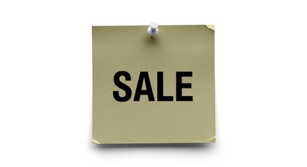 Bold black SALE text on a light tan pinned note creates an urgent announcement for retail promotions and clearance events