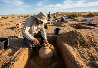 Naklejka premium An archaeologist digging at a historical site, excavation tools, desert environment.
