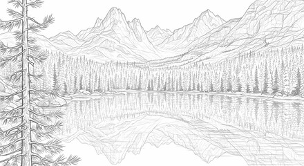 Realistic pencil vector drawing of a mountain landscape with pine trees and lake reflections, fine crosshatching details, printable wall art."