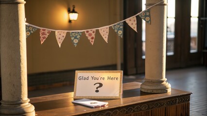 Welcome banner and sign with smartphone inside a building