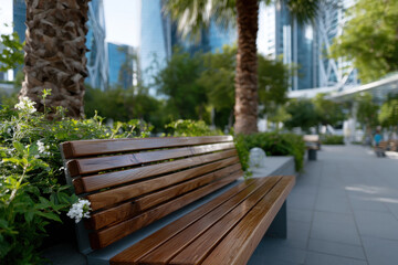 A peaceful park bench placed in a serene environment, surrounded by lush greenery, inviting visitors to relax and enjoy the tranquility of nature amidst the city.