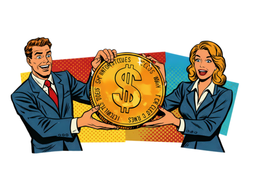 Excited professionals share giant golden dollar coin - Powered by Adobe