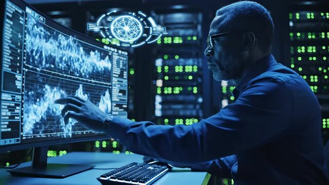 A Data Scientist Analyzing Complex Data Patterns in a High-Tech Server Room, Utilizing Advanced Visualizations for In-Depth Insights and Analysis.