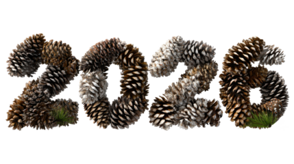 "2026" 3D number made of pine cones on a transparent background, png file.