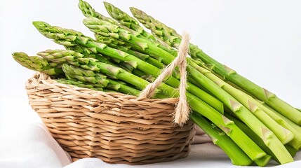 A Fresh Basket of Green Asparagus Stalks Tied With Twine on White Background
