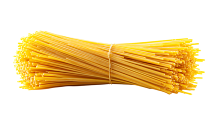 Bundle of uncooked spaghetti tied with string on transparent background for culinary purposes