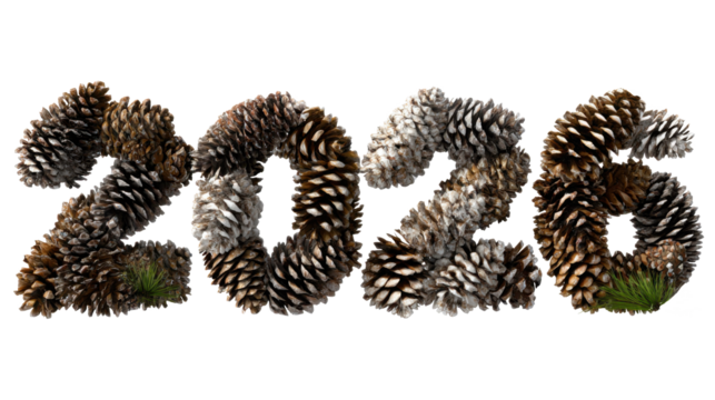 "2026" 3D number made of pine cones on a transparent background, png file.