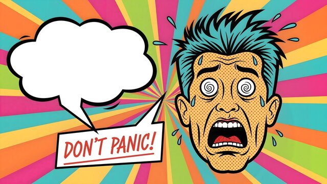 Pop art portrait of a funny panicking man, cartoon style, bold lines, halftone comic texture, bright colorful background with copy space