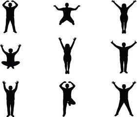 Human silhouette, expressive pose, black graphic, vector illustration, body gesture, standing figure, jumping stance, yoga balance, emotion, movementHuman silhouette,