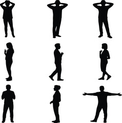 Human silhouette, standing pose, black graphic, vector illustration, expressive gesture, thoughtful stance, casual posture, emotional figure, body language, 