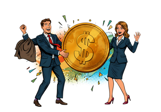 Celebrate wealth success with big gold coin and money bag