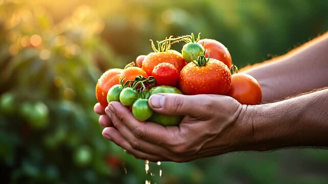 Close Up of Fresh Ripe Tomatoes Held by Farmer's Hands in Sunlight with Blurry Garden Background Showing Red and Green Fruits Ready to Harvest Farm Fresh Produce Agriculture Concept