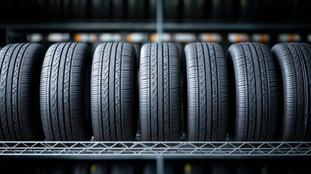 New black car tires are neatly stacked on a shelf, highlighting their uniform design and texture. The setting suggests a well-organized space for vehicle maintenance