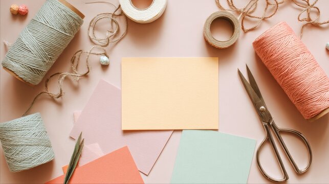 Creative crafting workspace with twine, colored paper, scissors, and tape for diy projects and homemade cards,National Letter Writing Day - Powered by Adobe