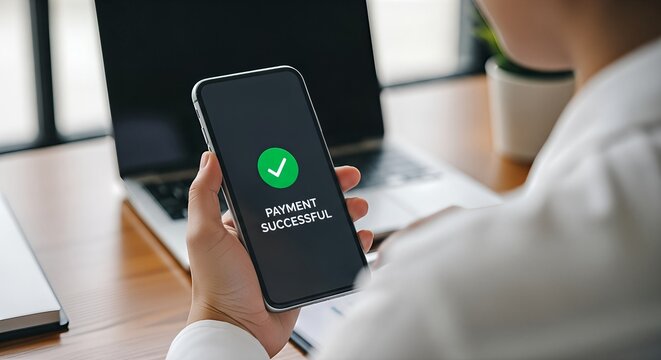 Woman receives payment successful notification on her smartphone, using laptop