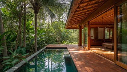 Fototapeta premium The Ultimate Jungle Escape: A Secluded Luxury Home Blending Seamlessly with Nature.