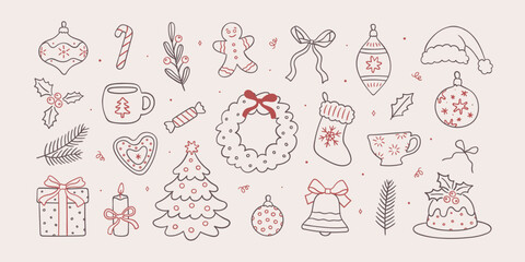 Vintage Christmas winter hand-drawn illustration in line sketch style.