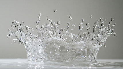 Single water drop captured mid splash on white background, creating clear crown shaped splash with droplets suspended in air, showcasing fluid motion and transparency
