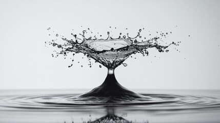 Single water droplet creates dynamic splash with intricate ripples and droplets suspended in midair, showcasing fluid motion and natural elegance in monochrome tones