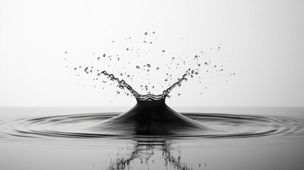 Water splash with droplets creating dynamic ripples on smooth surface, captured in high contrast black and white photography, showing fluid motion and energy in minimalistic style