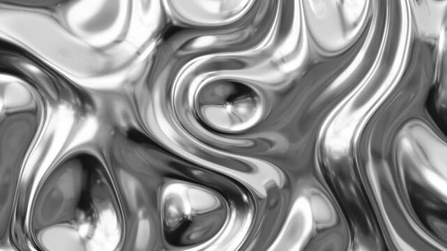 Abstract fluid texture of swirling liquid chrome metal waves with motion light effect. Seamless looping video. 4k psychedelic hypnotic graphics dynamic silver background