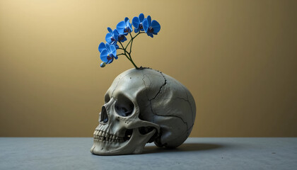 Still Life of a Human Skull with a Single Vibrant Blue Orchid Growing Out of the Cranium Against a Gold and Brown Background, Conceptual Art for Life and Death Contrast, Mortality, 