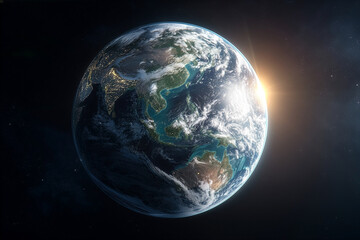 Photorealistic 3D rendering of Earth from space showing Asia and Australia illuminated by sunrise